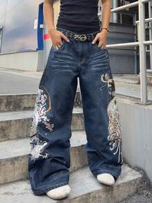 ROMWE MEN Men's Loose Fit Dragon Embroidery Design Jeans - Dark Wash - View 3