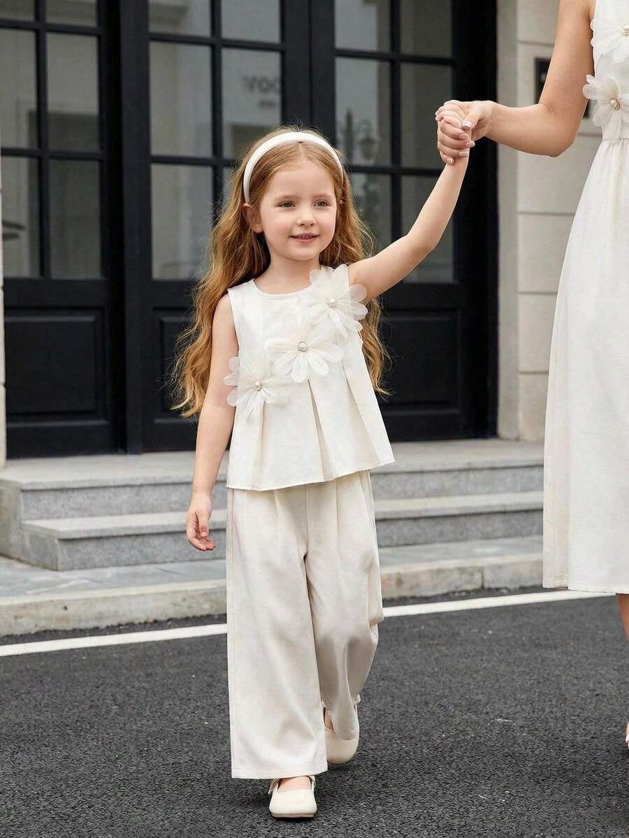 Elladie kids 女童杏色纯色简约优雅套装，褶皱蝴蝶结无袖上衣搭配宽松褶皱长裤，时尚夏季装扮 - 杏色 - 查看 1