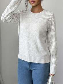 SHEIN Casual Solid Color Crew Neck Sweater, Autumn/Winter - White - View 3