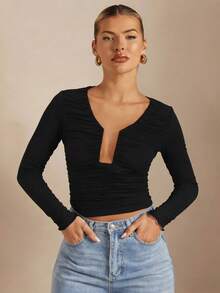 NOVVYNE Women's Ruched Fitted Long Sleeve Blouse, U-Neck, Elegant Sexy Office Wear - Black - View 4