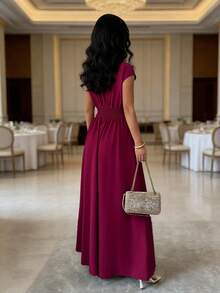 Rafferiza 女士优雅V领蝙蝠袖收腰喇叭裙摆连衣裙，樱桃红，春夏款 - 酒紅色 - 查看 2