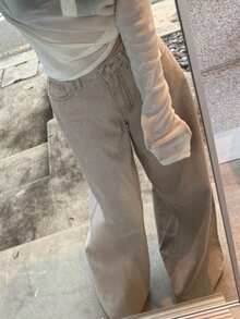 DAZY Vintage Washed Loose High Waist Slimming Wide Leg Straight Dragging Jeans - Khaki - View 2