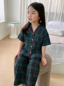 DAZY 女童格子印花撞色包边翻领短袖衬衫和裤子睡衣套装，春夏秋季 - 墨綠色 - 查看 5