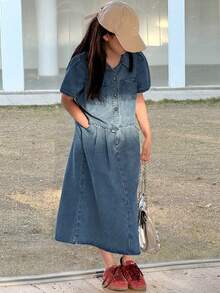 DAZY Tween Girls Puff Sleeve Top And Denim Skirt Set - Medium Wash - View 1