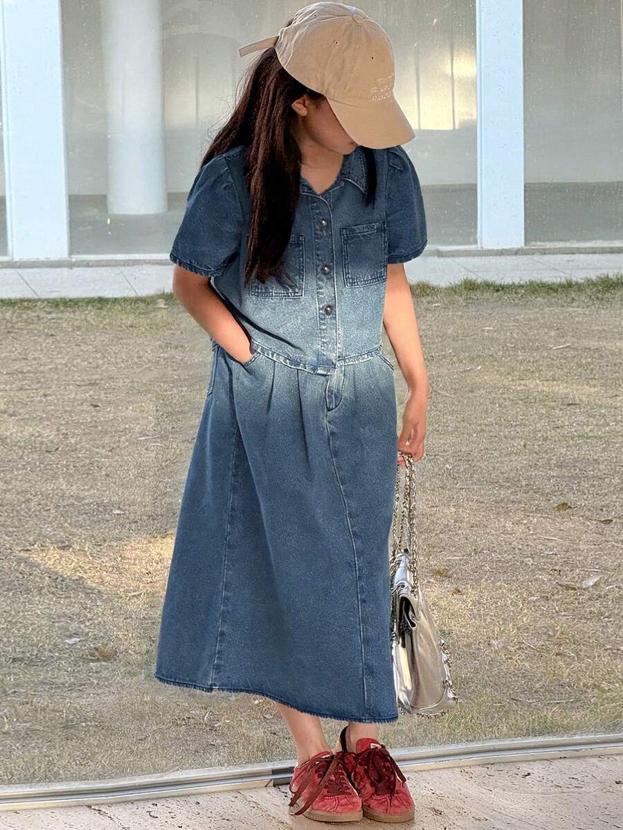 DAZY Tween Girls Puff Sleeve Top And Denim Skirt Set - Medium Wash - View 1