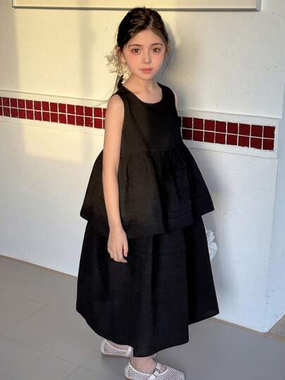 DAZY Tween Girl Solid Color Round Neck Pleated Casual Vacation Everyday Sleeveless Dress