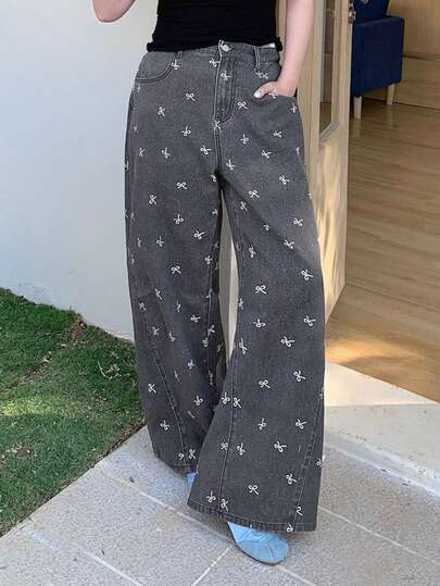 Dazy Plus 女士蝴蝶结印花花卉休闲宽松喇叭长款牛仔裤