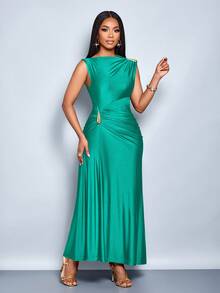 SOLERSUN Vestido elegante de mujer con decoración de metal de unicolor, ajuste ceñido, apto para uso diario, compras, fiestas y reuniones - verde menta - Ver 6