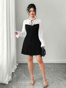 SHEIN PETITE CURVE 女士甜美优雅荷叶边领长袖连衣裙 - 黑色 - 查看 4