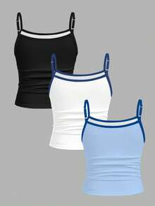 3pcs Tween Girls Chill Vacation Tropical Hibiscus, Blue Hibiscus, Blue Starfish & Seashell Beach Print Camisole Tops, Suitable For Summer Vacation, Outing, Cozy Spring And Summer Styles - Multicolor - View 2