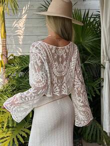 DAZY Áo khoác ngoài kiểu Bohemian khoét lỗ bằng móc len dành cho nữ, thích hợp cho kỳ nghỉ hè. - Màu be - Xem 3