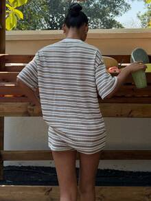 Muchica 2PCS Women's Two-Piece Loose Striped Round Neck T-Shirt And Elastic Waist Striped Pants, Spring/Summer Faux Sweater Set, Spring/Summer Style, Khaki, Casual Set, Loungewear, Casual Pajamas, New Year Pajamas, Parent-Child Christmas Pajama Set, Women's Casual Set, Brown Two-Piece Set, Spring Women's Clothing. - Multicolor - View 2