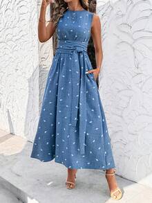 SHEIN Clasi Đầm maxi dáng chữ A không tay, thắt eo, chất liệu vải lanh thanh lịch dành cho nữ, thích hợp cho kỳ nghỉ hè. - Xanh và trắng - Xem 6