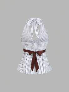 Sweetra Women's Vintage Casual White Polka Dot Bow Tie Spaghetti Strap Camisole Shirt, Spring/Summer - White - View 2