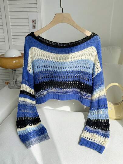 Comfortcana Plus Size Women Striped Hollow Out Dropped Shoulder Long Sleeve Loose Pullover Sweater