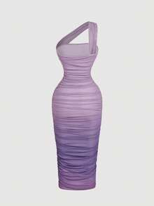 SHEIN MOD Ombre Ruched Bodycon Mid-Length One Shoulder Mesh Dress - Violet Purple - View 2