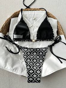Swim Vcay 2pcs/Set Black & White Textured Fabric Beaded Halter Neck Front Sexy Bikini Swimsuit Set For Women - Black and White - View 2