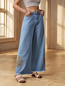 SHEIN Essnce Women's Solid Color Embroidered Casual Denim Jeans - Light Wash - View 5