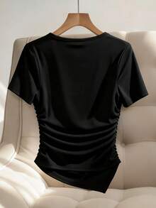 Rafferiza Women's Elegant Black Short-Sleeved T-Shirt With Irregular Neckline, Gathered Hem, And Cinched Waist, Featuring A Metal Buckle. This Women's Black T-Shirt With Metal Buckle Is A Summer Top With A Unique Irregular Hem, Flattering And Slimming Design. Suitable For Casual Wear, It's Stretchy And Comfortable, Made Of Ribbed Fabric. - Black - View 2