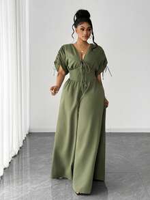 Maweii Plus Size Elegant Short Sleeve V-Neck Drawstring Jumpsuit, Vintage Style For Commuting - Army Green - View 2