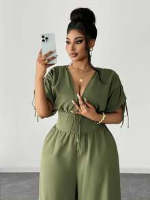 Maweii Plus Size Elegant Short Sleeve V-Neck Drawstring Jumpsuit, Vintage Style For Commuting - Army Green - View 3