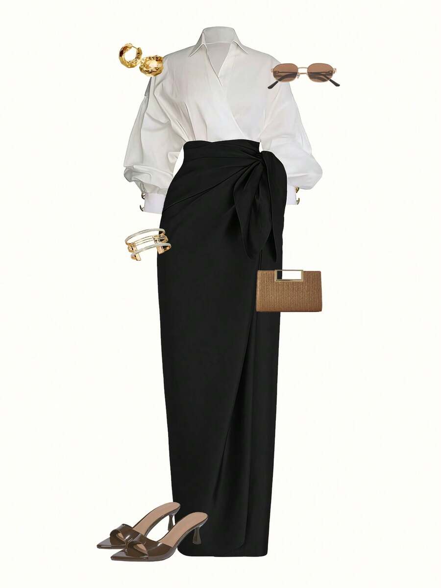 GlowEve Women's Wrap White Long Sleeve Top And Knotted Black Skirt Elegant 2-Piece Set - Black - View 1