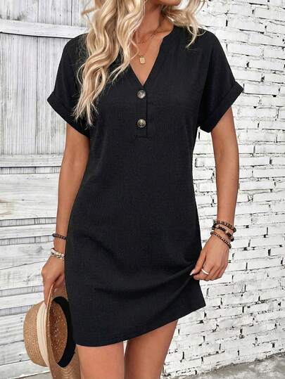 EMERY ROSE Women's Casual Solid Color Notched Neck Mini Dress, Summer