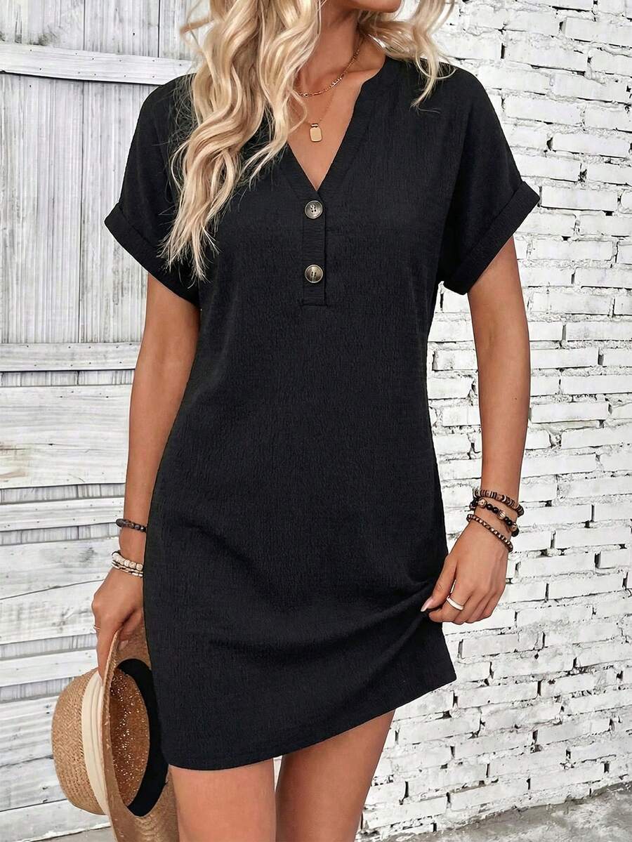 EMERY ROSE 女士休闲纯色V领迷你连衣裙，夏季 - 黑色 - 查看 1