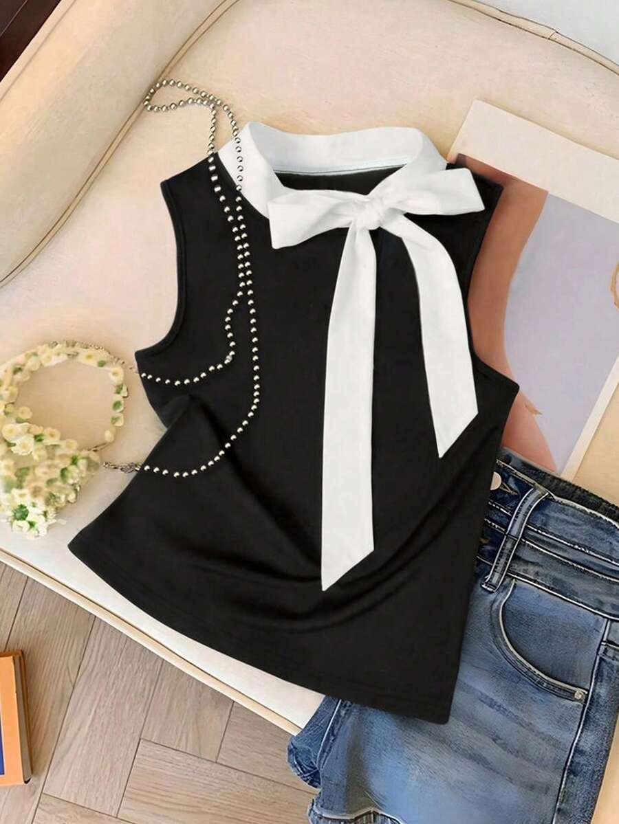 Resyla 撞色滚边圆领打结优雅时尚夏季背心 - 黑色 - 查看 1