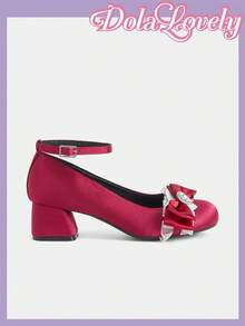 Dola Lovely Dreamy Sweet Girly Style Wine Red Satin Women's High Heel Pumps, Square Toe Chunky Heel With Rhinestone Buckle Bow Ankle Strap Mary Jane Shoes, Lolita Sweet Girl Exclusive, Suitable For Tea Party, Lolita Fashion, Birthday Party - Burgundy - View 4
