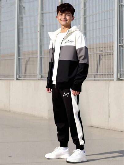 Vacaura Teenager's Casual Zip-Up Hoodie Jacket With Digital Print Letter Pattern & Contrast Color Drawstring Sweatpants Sports Set, Fashionable For Spring, Autumn & Winter