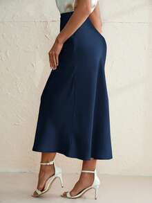 Aveloria Modichic 褶裥缎面半身裙，女士优雅褶皱设计，拉链长款常规版型，自然米色纯色女裙，春夏款，职业/商务/工作服 - 藍色 - 查看 2