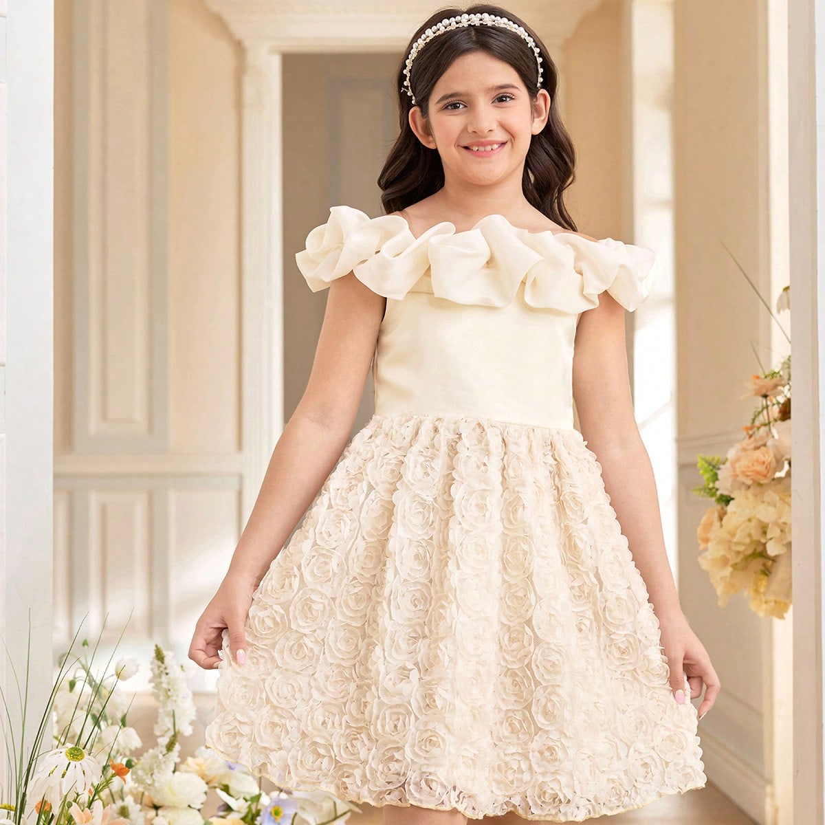 Vestido elegante con falda de tul esponjosa con bordado 3D en color albaricoque para niña preadolescente, adecuado para niña de las flores