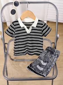 SHEIN 2pcs/Set Baby Boy/Girl Casual Interesting Knit Striped Polo Shirt And Elastic Waist Denim Shorts Set, Suitable For Home, Outing And Travel In Summer - Multicolor - View 6