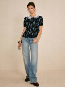 Poéselle 女士雪纺波点刺绣领泡泡袖衬衫 女士彼得潘领上衣 女士波点上衣 女士上衣和衬衫 女士休闲上衣 女士短袖上衣 女士最新款上衣 波点衬衫 女士新品上市，假日约会装扮，社交衬衫，2026夏季穿搭，夏季美学穿搭 - 黑色 - 查看 3