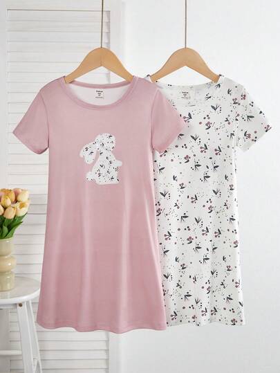 Genkimix Kids 2pcs Girls Cute Cartoon Sheep Print Nightgown Set, Minimalist Fashion Pink And Gray, Sleepwear Sleep Wear Kids Girls Dress Summer Sleep Wear Sets Girls Nightgowns