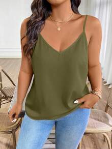 SHEIN Clasi 大码女式休闲度假风纯色扭结露背吊带背心 - 軍綠色 - 查看 5