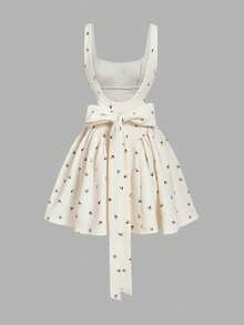 SHEIN MOD 女士夏季迷你连衣裙，饰有碎花图案，腰部收紧，后背系有蝴蝶结。 - 杏色 - 查看 6