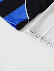 ROMWE MEN Spring Casual Graphic Men'S Casual Numeric Striped Print Polo Shirt, Sports Style - Blue - View 3