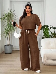 Solflare Chocolate Brown Plus Size Women Crew Neck Short Sleeve Top And Drawstring Waist Wide Leg Pants Casual 2 Piece Set, Summer Outfits - Chocolate Brown - View 5