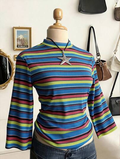 Lalippa Women's Casual Colorblock Striped Blouse, Spring/Autumn