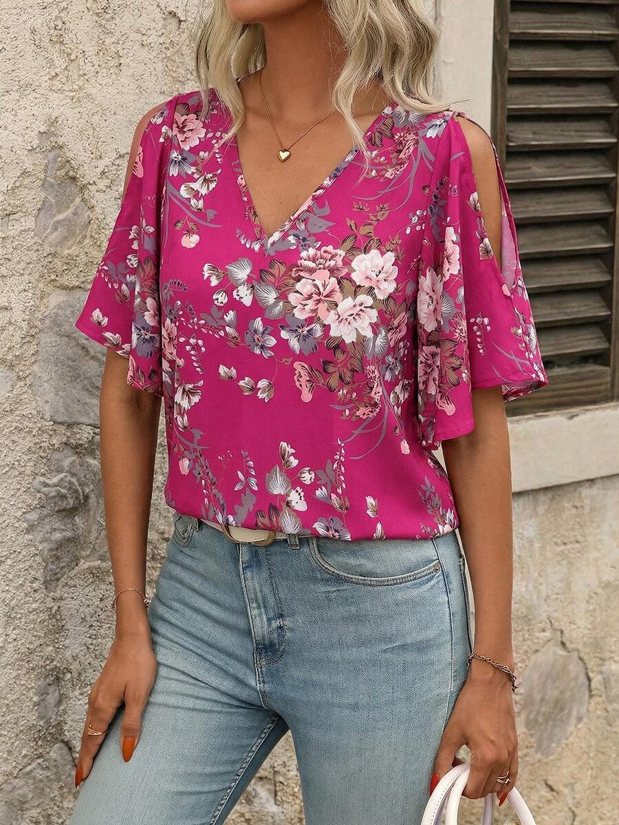 SHEIN Clasi Women's V-Neck Floral Print Ruffle Sleeve Split Hem Blouse - Hot Pink - View 1
