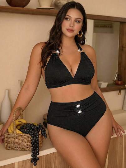 Swim Chiccia Plusstorlek kvinnors enfärgade halterneck sexiga bikiniset med knytband