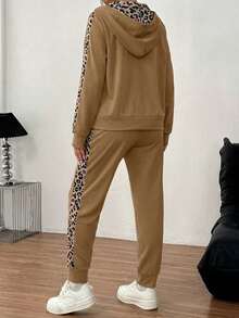 Women's Leopard Print Patchwork Zip Front Hoodie And Pants Casual 2 Pieces Set - Camel - View 2