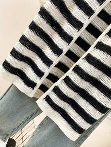 Franclia 大码女式休闲通勤黑白条纹插肩短袖针织上衣，夏季 - 杏色 - 查看 5