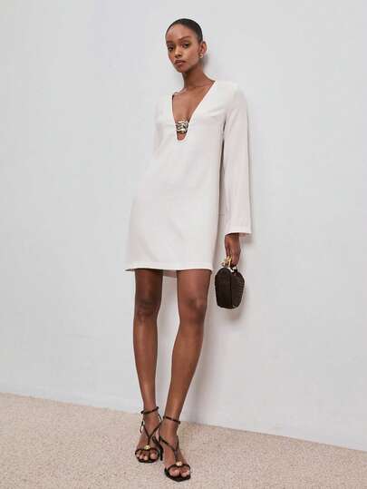 ATUI Studio Women's Casual Vacation Elegant Straight Long Sleeve Linen Mini Dress Metal Buckle Elegant Long Sleeved Mini Dress, Suitable For Spring And Summer Holidays, Weddings, Guests, Concerts, Autumn Date Nights, Outdoor Nights, Birthday Parties