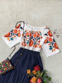 SHEIN Blouse droite à manches droites, taille froncée, imprimé floral, épaules dénudées, style décontracté pour femmes - Multicolore - Voir 1