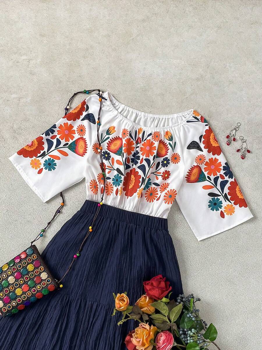 SHEIN Blouse droite à manches droites, taille froncée, imprimé floral, épaules dénudées, style décontracté pour femmes - Multicolore - Voir 1