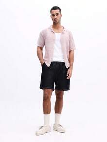 SUMWON Knitted Short Sleeve Polo Shirt With Button Front Collar Mesh Texture Summer Casual - Pink - View 3