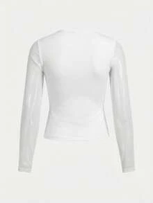 Maija Black V-Neck Eyelet Design Metal Decor Mesh Patchwork Fitted Waist Long Sleeve Top, Versatile For Urban Chic, Autumn/Winter - White - View 7